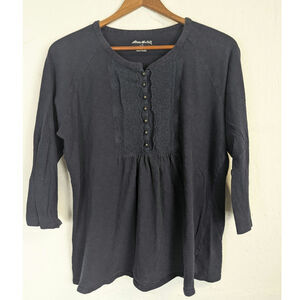 Eddie Bauer Henley T Shirt Navy Blue Lace 3/4 Sleeve Bella Swancore Womens XL